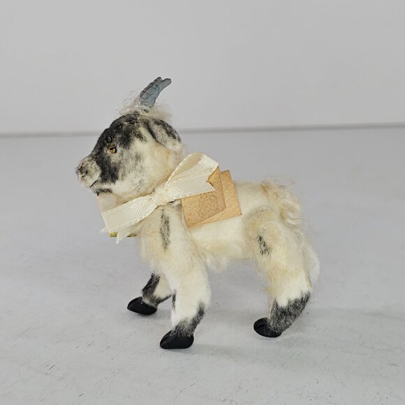 Vintage Articulated Goat Figurine Bow Flower Black White Realistic Mohair Felt - Picture 6 of 8